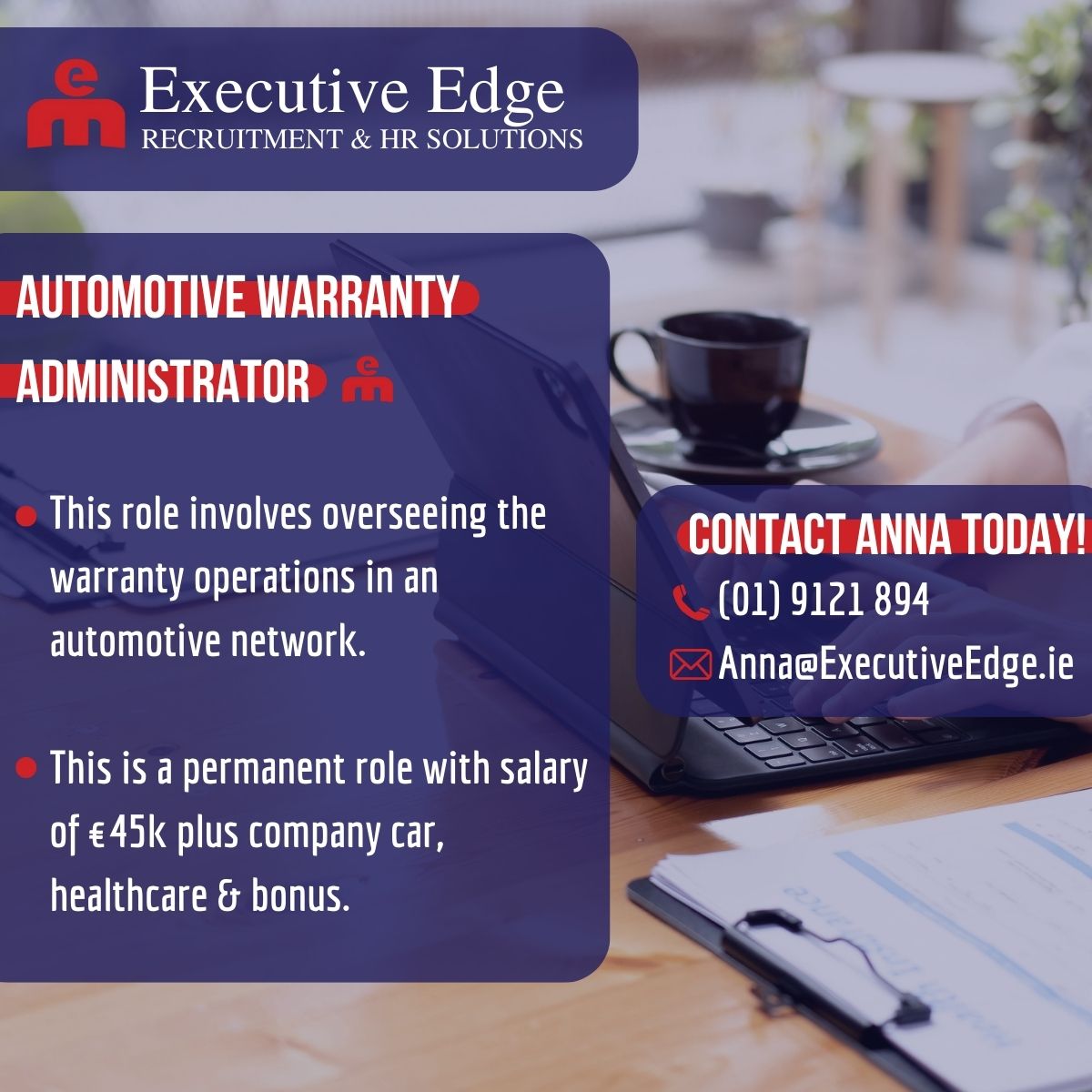 Anna has a great role as a Warranty Administrator with a brilliant package. Contact Anna today on (01) 9121 894 to find out more about this role!
Or, find out more at: executiveedge.ie/job/automotive…
#DublinJobs