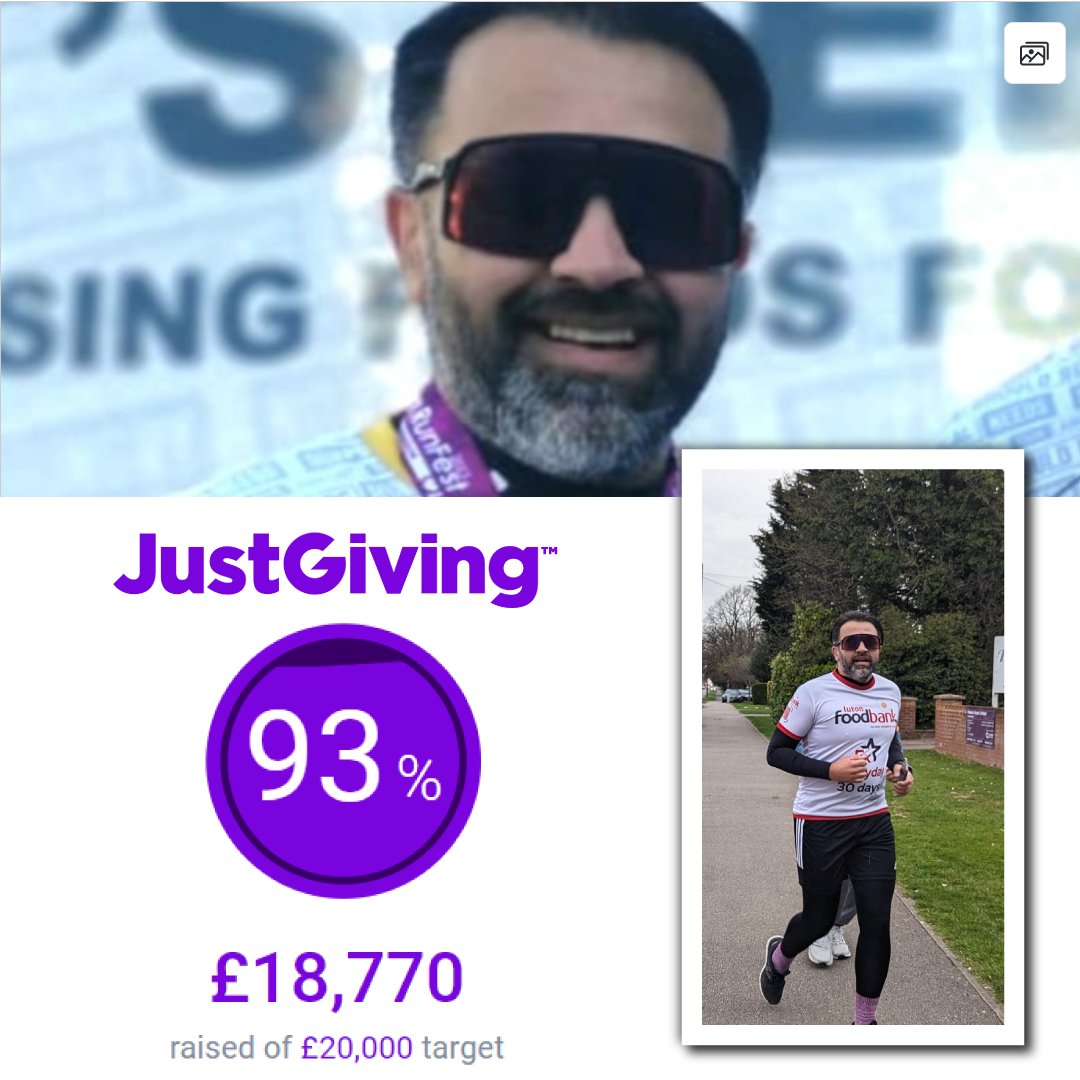 Congratulations to Bilal, who ran 5km for Luton Foodbank EVERY day of Ramadan. Please help Bilal's fundraising get over the finish line too...he's SO close to his target. justgiving.com/page/bilal-hus…