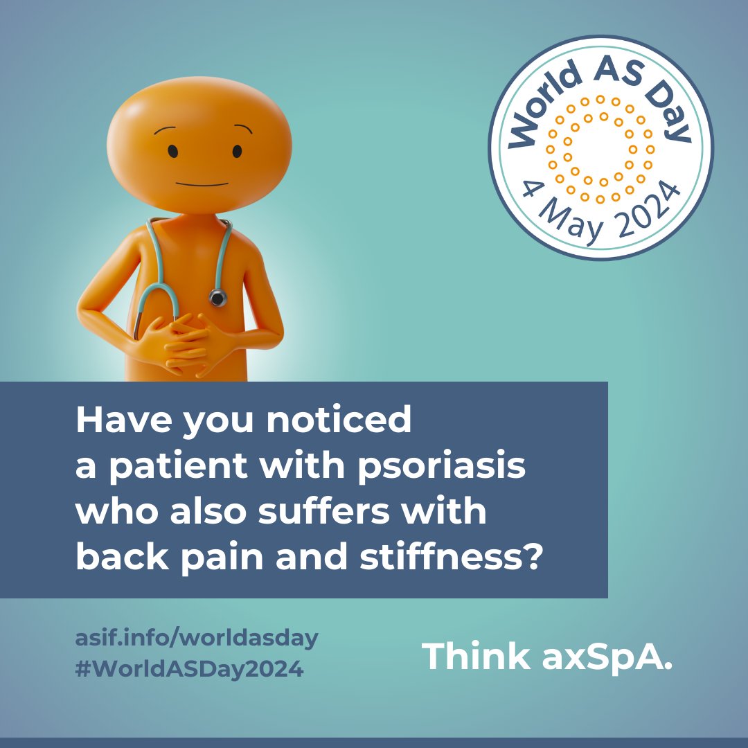 Notice a psoriasis patient with back pain, fatigue, lasting over 3 months? Worsens with rest but improves with exercise? It could be #AxialSpondyloarthritis. Encourage them to consult their doctor to prevent irreversible damage. 

asif.info/worldasday 

#WorldASDay2024