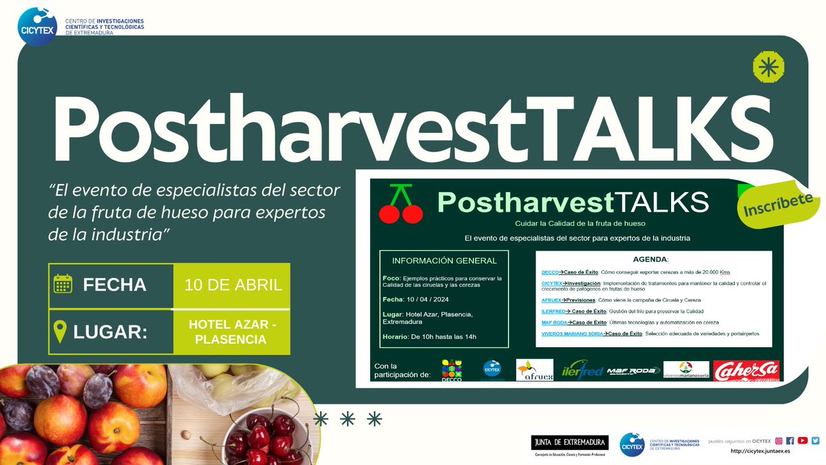 🛫Ya comenzó este interesante #PostharvestTALKS en Plasencia ✅Organizada por @deccoiberica reúne a especialistas del sector de la fruta de hueso para abordar la calidad de cereza y ciruela y➕ 👨‍🔬Ponentes🔝como Manuel Serradilla de @CICYTEX 🔛Síguela en la cuenta de @REVISTAFYH