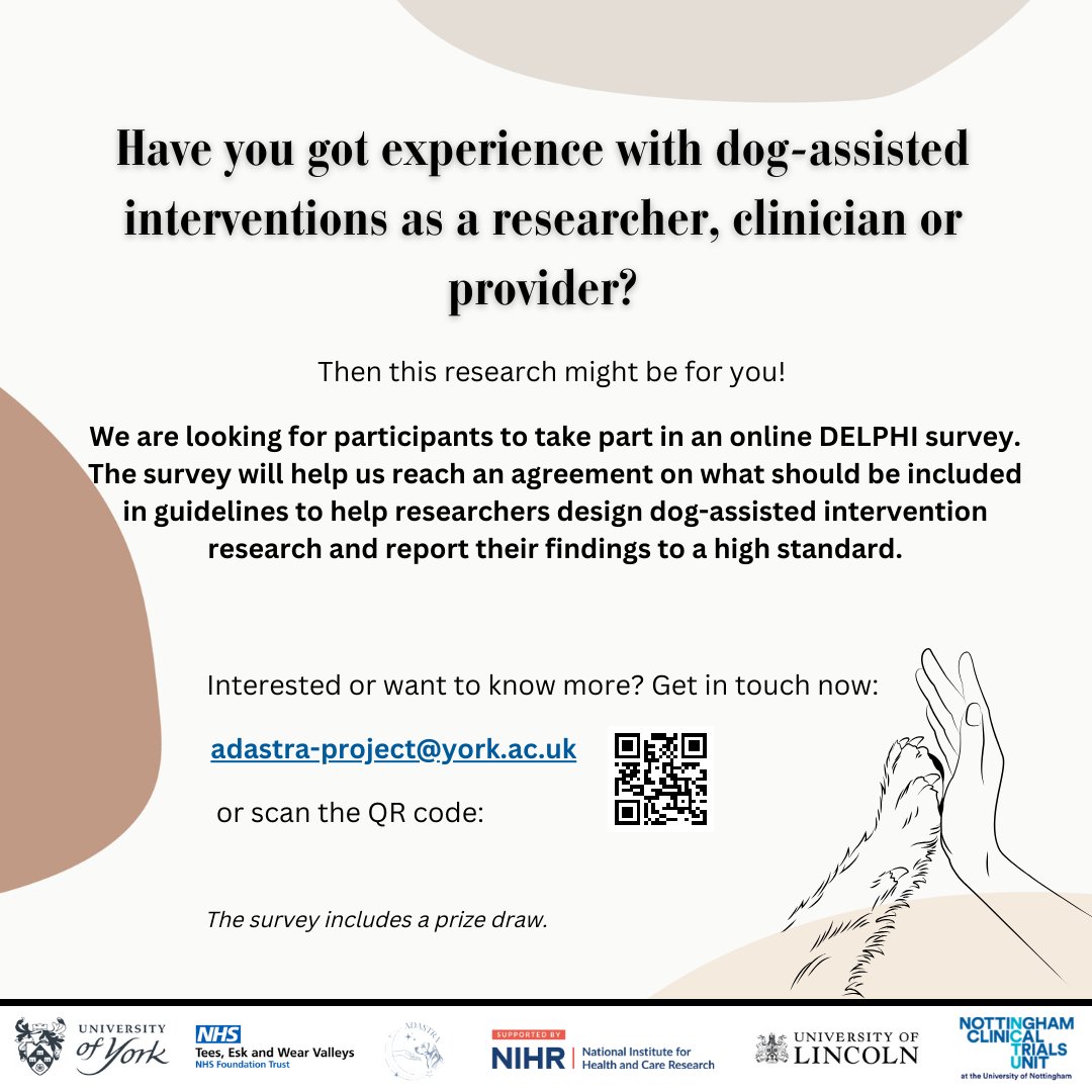 The AD ASTRA team are seeking people with relevant expertise to take part in a survey. This will help them reach an agreement on guidelines to help researchers design dog-assisted intervention research and report their findings to a high standard. adastra-research.co.uk