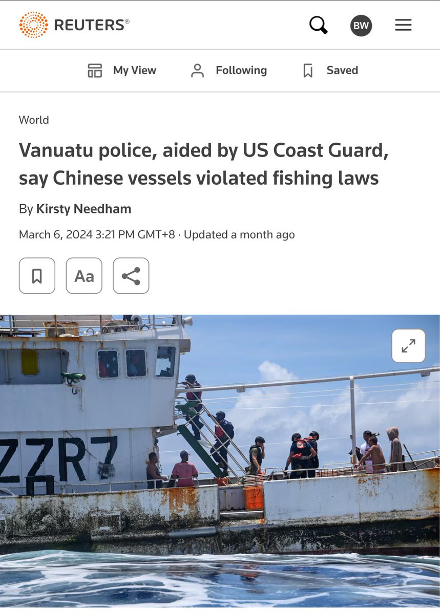 Six 🇨🇳 fishing boats were found to be violating Vanuatu's fisheries law after being inspected by local police who were on board the first US Coast Guard boat to patrol the waters of the Pacific Islands nation.

The infringements included failing to record the fish caught in log…