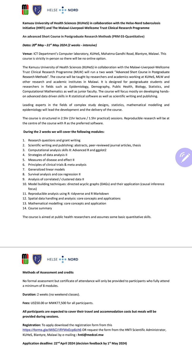 I transformed my research path with @KUHeS_mw's Advanced Research Methods course! 🚀 If you're in Epidemiology, Public Health, or Comp Maths, this could be your game-changer too! Open to all Nationalities! Blantyre, Malawi, May 20-31. Apply by April 22! forms.gle/iW5Ci1RYWxEcp6…