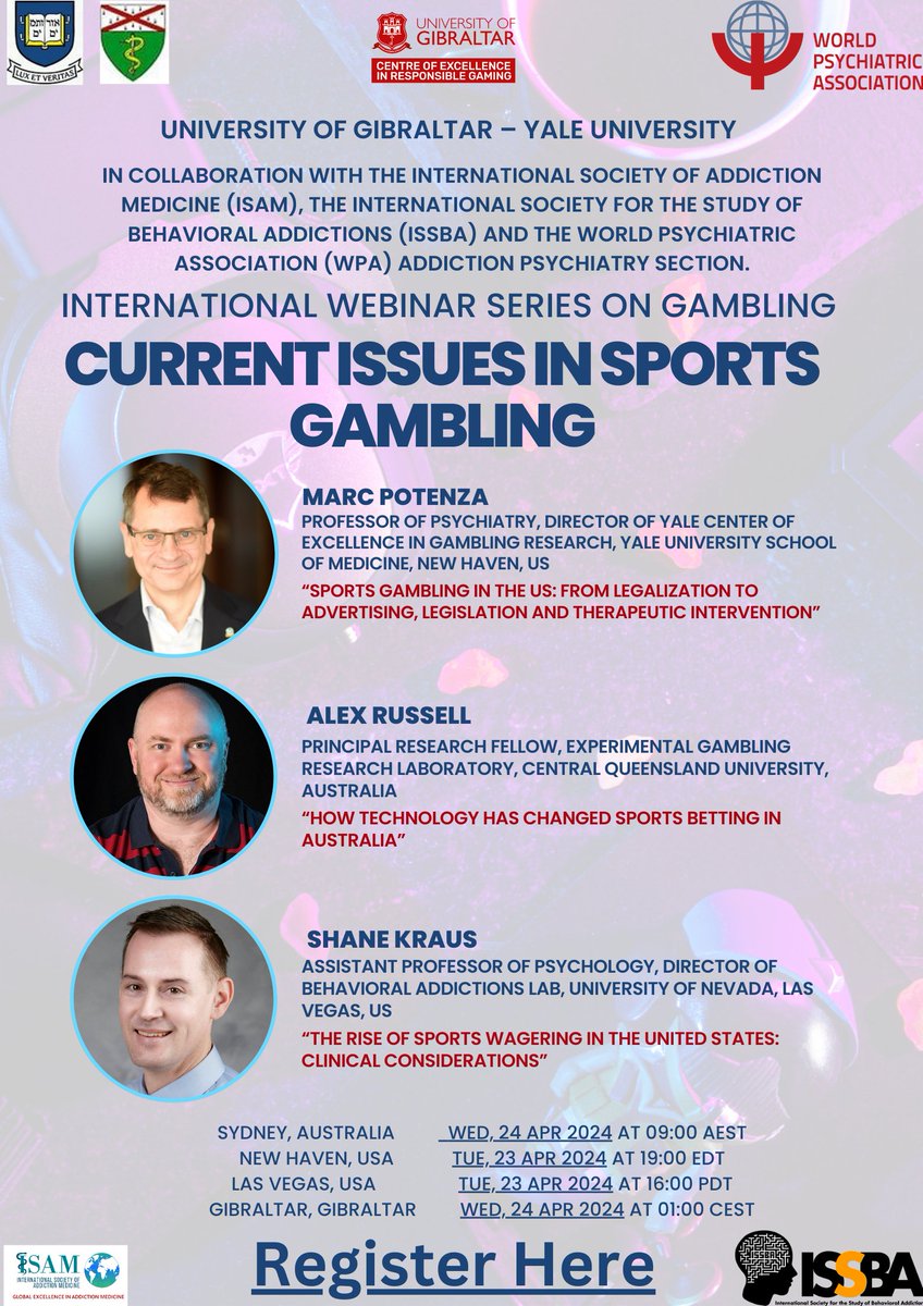 Our 9th event of the International Webinar Series on Gambling organised by the University of Gibraltar & Yale University is taking place on the 24th April 2024 01:00 am - 02:30 am (CEST). Use the following link to register: eventbrite.co.uk/e/879301312897…