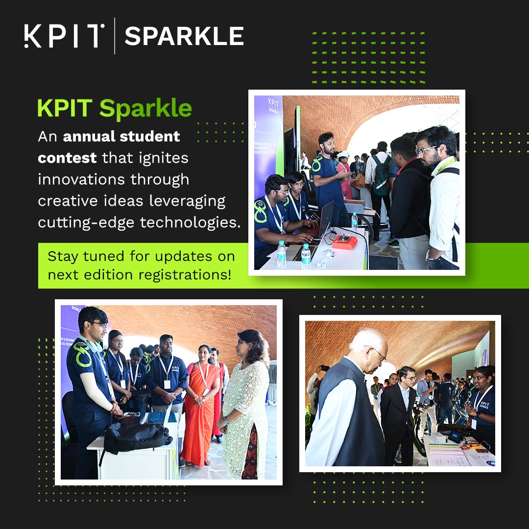 KPIT Sparkle is an annual tech event empowering students to unleash their innovation and creativity,harnessing the latest technologies. Stay tuned for the exciting announcement of the next edition's registration, coming soon! #KPITSparkle #TechCompetition #InnovationCompetition