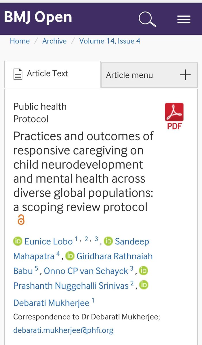 🚀Exciting news! Our first paper from #COINCIDE is out! Scoping review protocol on responsive caregiving in diverse populations was published in @BMJ_Open by our PhD fellow @EuniceAnnLobo with @Debarati32 @prashanthns @epigiri @S4ndeep85 @India_Alliance bmjopen.bmj.com/content/14/4/e…