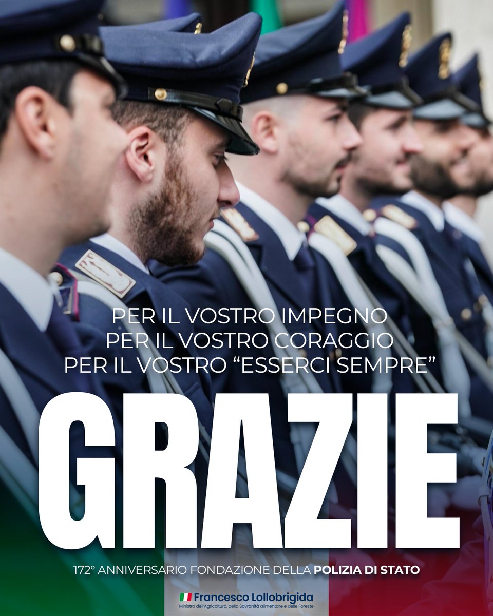 Da Ministro e da italiano sono estremamente orgoglioso della nostra Polizia di Stato e grato a tutti gli uomini e le donne in divisa che, da 172 anni, sono al fianco dei cittadini, al servizio della Nazione e a garanzia della legalità con senso del dovere e coraggio 🇮🇹