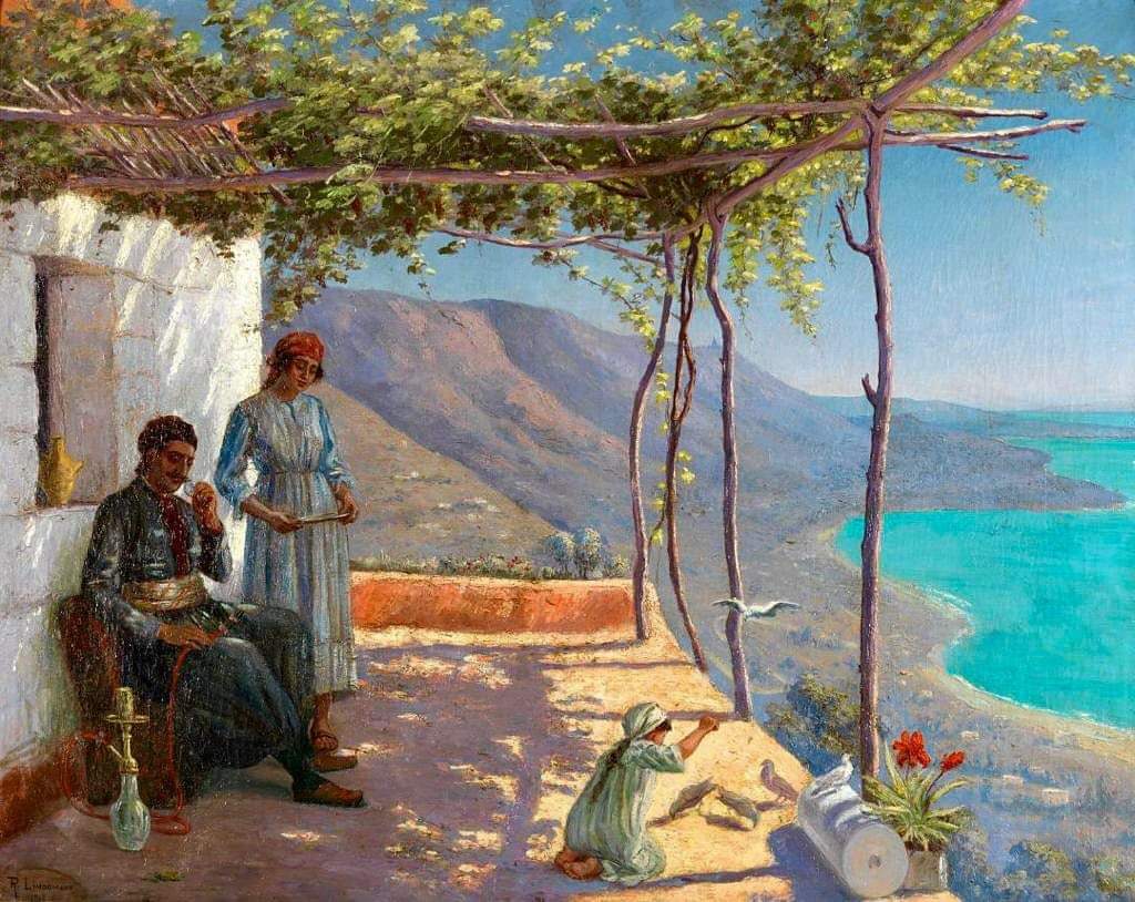 Une terrasse à Ghazir Rodolphe Lindemann (1908) avant l'invention des bétonneu La baie de jounieh, Nôtre Dame de Harissa et Beyrouth en arrière plan. Jerôme Balavoine
