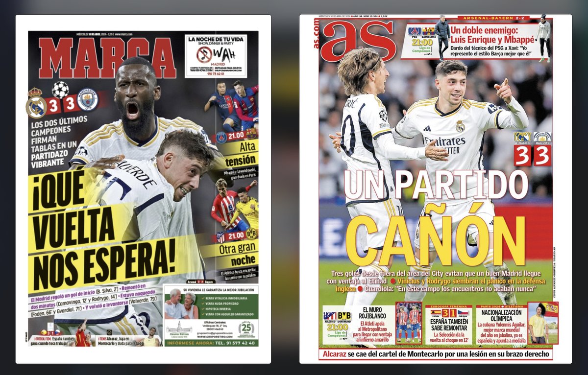 📰☕️ Les unes du jour AS : 'Un match canon' Marca : 'Quel retour nous attend !' Les deux derniers champions se quittent sur un nul vibrant.