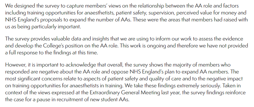 Worth a look @RCoANews findings of survey of members’ perceptions & experiences of anaesthesia associates To all who are trying to drive this through? Basics of leadership-LISTEN to issues being raised NB: @RCPhysicians Council meeting later today rcoa.ac.uk/news/report-me…