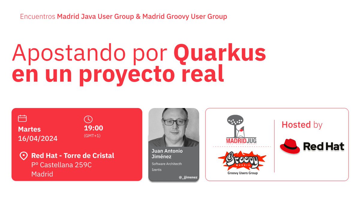 🚨 Nuevo meetup 🚨

⭐️ Apostando por Quarkus en un proyecto real
🗣️ Juan Antonio Jiménez

📅 16 Abr 19:00
📍 Oficinas de RedHat

💻Streaming: meetup.com/madrid-gug/eve…
🧑🏼‍🤝‍🧑🏼 In-Person: meetup.com/madrid-gug/eve…

#jvm #quarkus