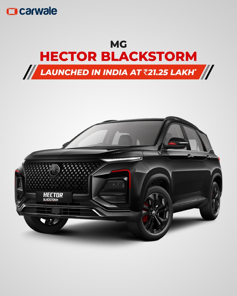 CarWale's tweet image. #MGHectorBlackstorm launched at Rs. 21.25 lakh (ex-showroom).
-Starry Black exterior colour
-Black interior theme with Gun Metal accents
-Dark chrome brand logo, front grille, skid plates, and tailgate garnish
-18-inch gloss black alloy wheels with red brake calipers

#CWLaunch