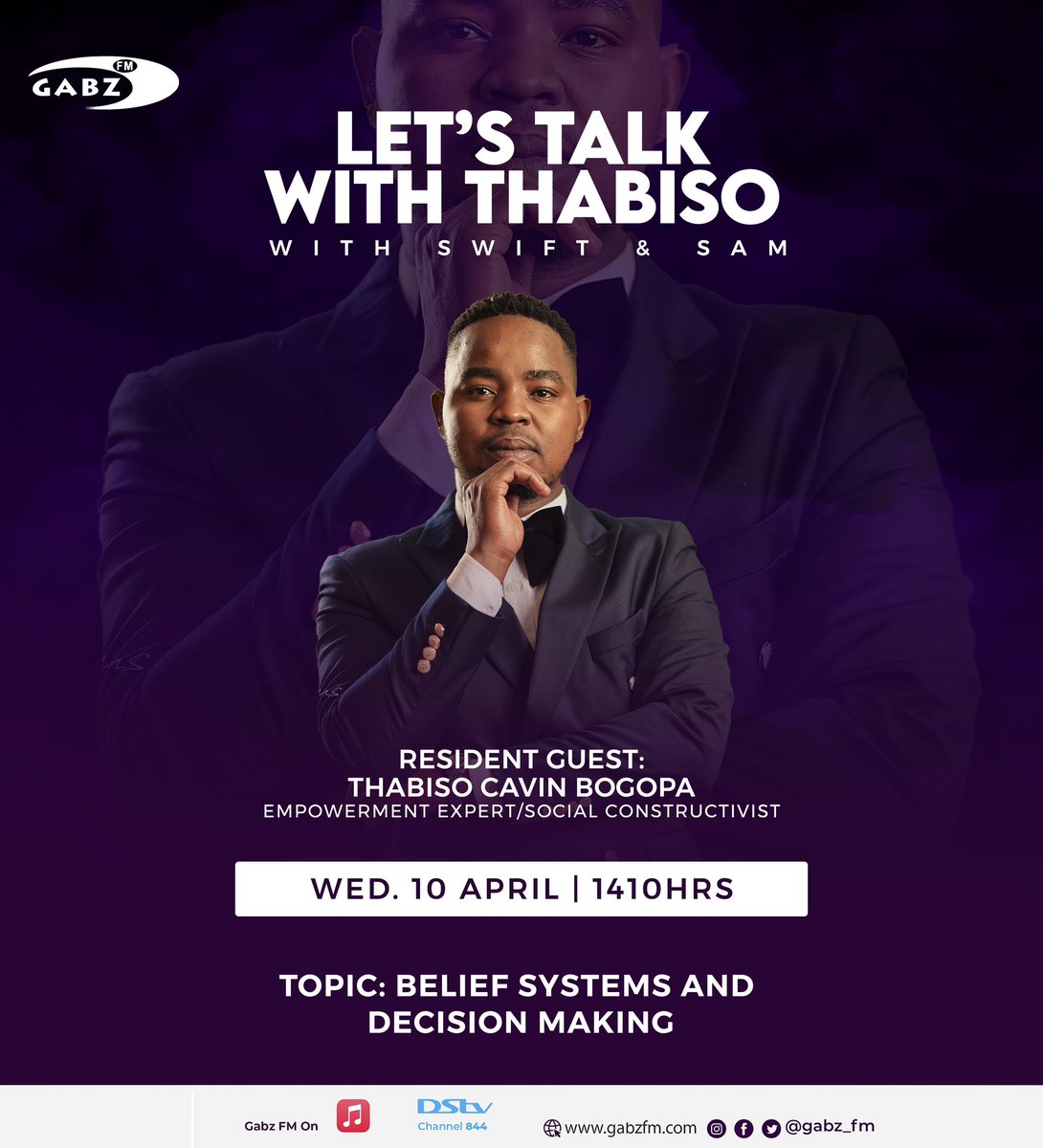 Today on Let's Talk with Thabiso, we'll be exploring the impact of belief systems on decision-making with Thabiso Calvin Bogopa. Tune in at 2:10pm for an insightful discussion. 💭 #MiddayFixReloaded #PowerToEngageYourWorld