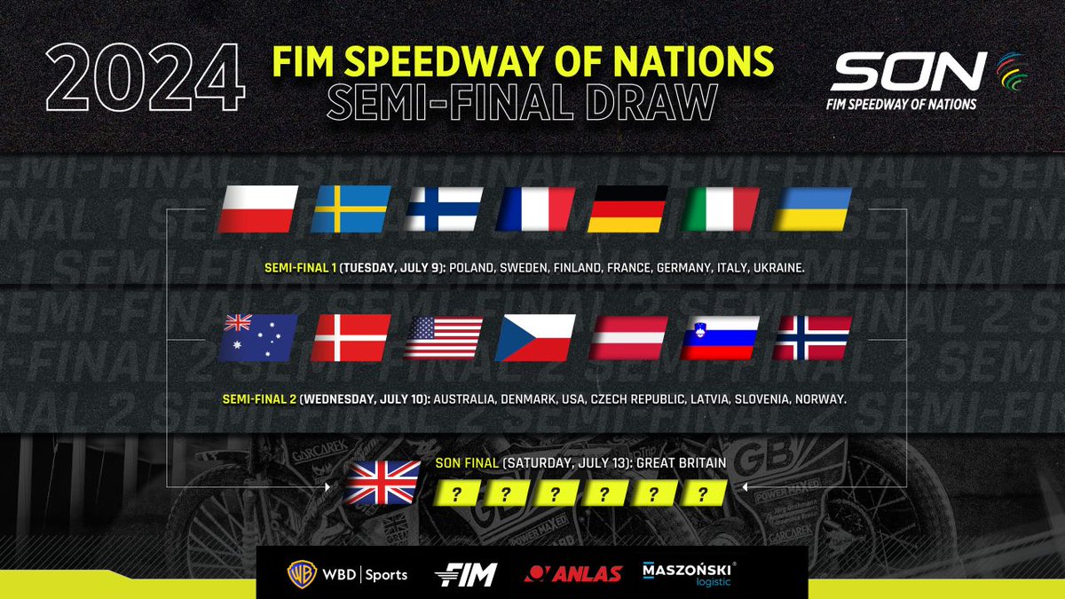 2024 FIM Speedway of Nations: Semi-Final Draw Revealed! Fifteen countries will face off over four epic nights at Manchester’s National Speedway Stadium from July 9-13! #FIM | #SON | @SpeedwayGP | #FIMTrackRacing