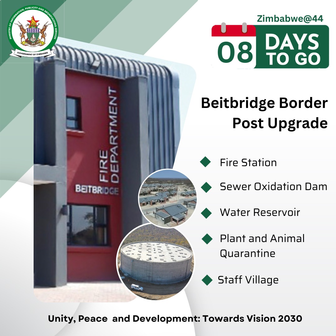 Beitbridge Border Post Upgrade; completed projects at the Beitbridge Border Post include: •The fire station •The Sewer Oxidation Dam •The Water Reservoir •The Plant and Animal Quarantine • Staff Village comprising of 220 housing units #Vision2030 #EightDaysToGo