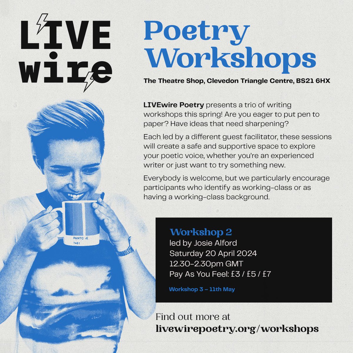 The second of our poetry writing workshops in Clevedon takes place at @TheatreShop1 on Sat 20 Apr! This time, we welcome the fabulous @JosieAlfordPoet as our guest facilitator. The workshop takes place from 1230-1430 and tickets are PAYF (£3, £5, £7) ✍️ eventbrite.co.uk/e/poetry-writi…