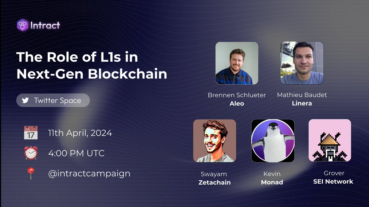 Optimistic Interoperability? Zero-Knowledge by Design? Microchains? Join our exclusive panel on next-gen blockchains with experts from top L1s: @AleoHQ, @linera_io, @zetablockchain, @monad_xyz, @SeiNetwork $100 raffle for 10 winners. Set a reminder 👉 link.intract.io/L1s