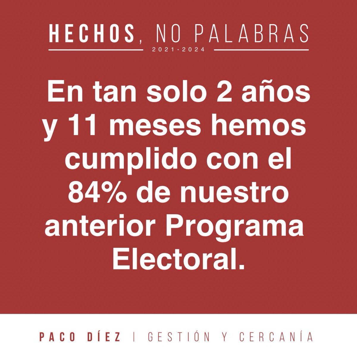♥️ HECHOS Y NO PALABRAS

✔️ En tan solo 2 años y 11 meses hemos cumplido con el 84% de nuestro anterior Programa Electoral. #gestiónycercanía #seguimossumando #pacodiez #rffm