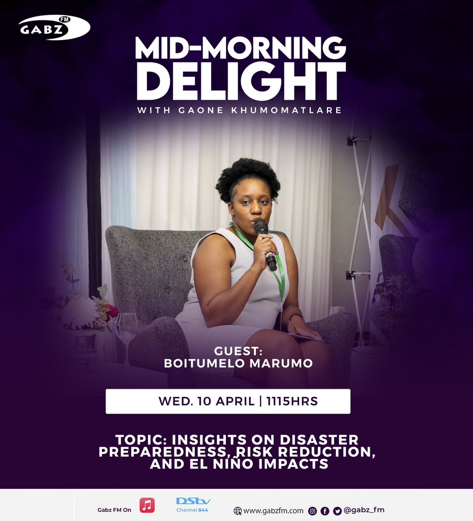 Don't miss our interview with Boitumelo Marumo at 11:15am on today's Mid-Morning Delight. We'll be discussing disaster preparedness, risk reduction, and the impact of El Niño. 🌀 Get ready for an informative and engaging discussion! 🗣 #MidMorningDelight #PowerToEngageYourWorld