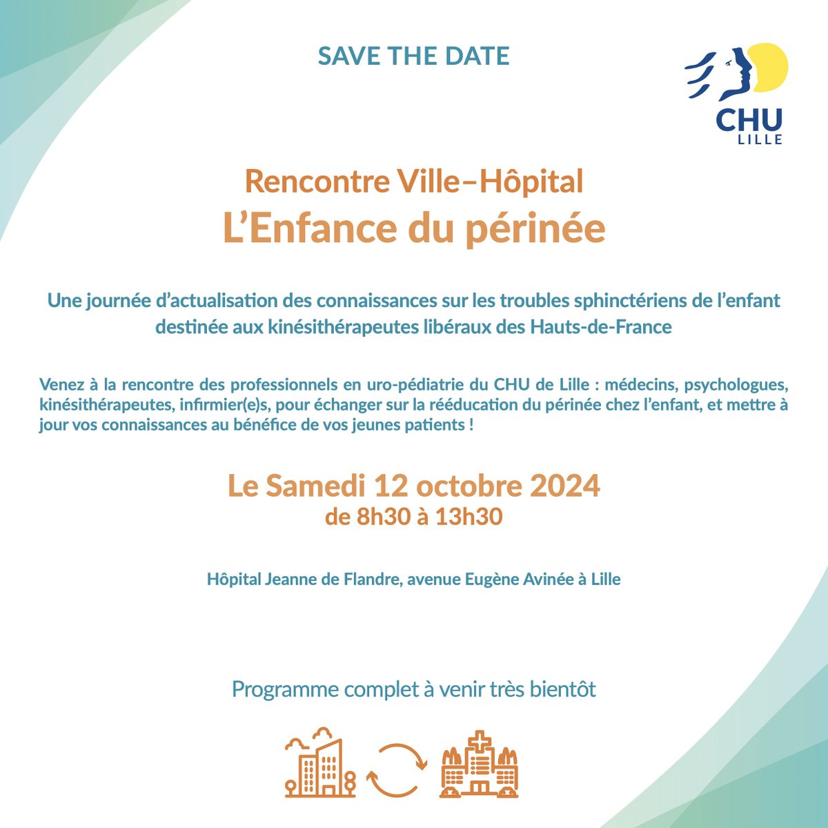 🏥 Rencontre Ville–Hôpital - L’Enfance du périnée Professionnels, venez à la rencontre des professionnels en uro-pédiatrie du CHU de Lille pour échanger sur la rééducation du périnée chez l’enfant 🧒. Un événement destiné aux kinésithérapeutes libéraux. 👉 urlz.fr/qdJP