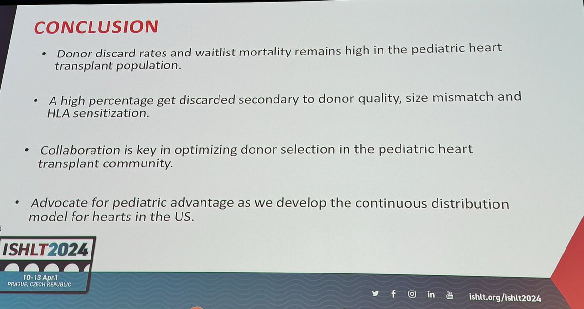 Waqas Akhtar (@drwaqasakhtar) on Twitter photo <a href="/ISHLT/">The ISHLT</a> <a href="/MaryjaneFarrMD/">Maryjane Farr MD MSc, FACC FAST FHFSA FAHA</a> Paediatric ๐ซ Tx <a href="/ISHLT/">The ISHLT</a> #ISHLT2024
Kae Watanabe ๐บ๐ธ
29% UNOS hearts refused - quality, size, cross match
1/10 died on waitlist after refusal of heart
๐ High priority - non dischargeable VAD + congenital ๐ซ on inotropes
Match: Total cardiac volume better than weight <a href="/ISHLT/">The ISHLT</a> <a href="/MaryjaneFarrMD/">Maryjane Farr MD MSc, FACC FAST FHFSA FAHA</a> Paediatric ๐ซ Tx <a href="/ISHLT/">The ISHLT</a> #ISHLT2024
Kae Watanabe ๐บ๐ธ
29% UNOS hearts refused - quality, size, cross match
1/10 died on waitlist after refusal of heart
๐ High priority - non dischargeable VAD + congenital ๐ซ on inotropes
Match: Total cardiac volume better than weight