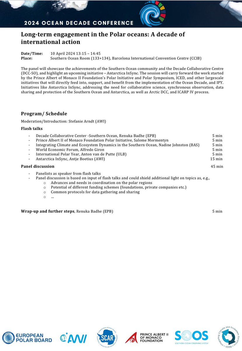 Today ICED @SOOSocean @SCAR_Tweets @AWI_Media @EuPolarBoard @pa2f will present in a satellite session at the #oceandecade24 in the Southern Ocean Room 1315hrs (UTC +2hrs) showcasing the work of @MEASO20 @BIOPOLE_NERC and @PolarRES_eu