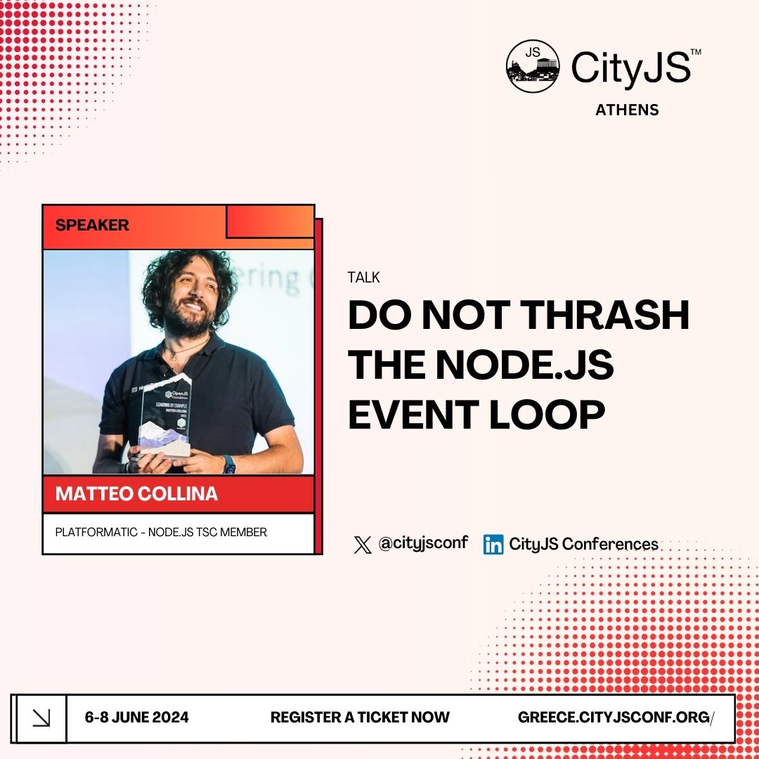 2⃣ months to go for #CityJSAthens @matteocollina will be joining us to tell us that we should not Thrash the @nodejs event loop! Get your ticket now athens.cityjsconf.org