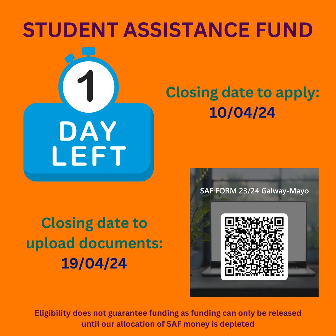 Today is the last chance to apply for SAF (new applicants only). Eligibility is household income for 2022 under €65K until our allocation of funding is depleted. @ATU_GalwayCity @ATU_Mountbellew @ATU_Mayo @ATU_GALWAY_SDCA @ATU_Connemara