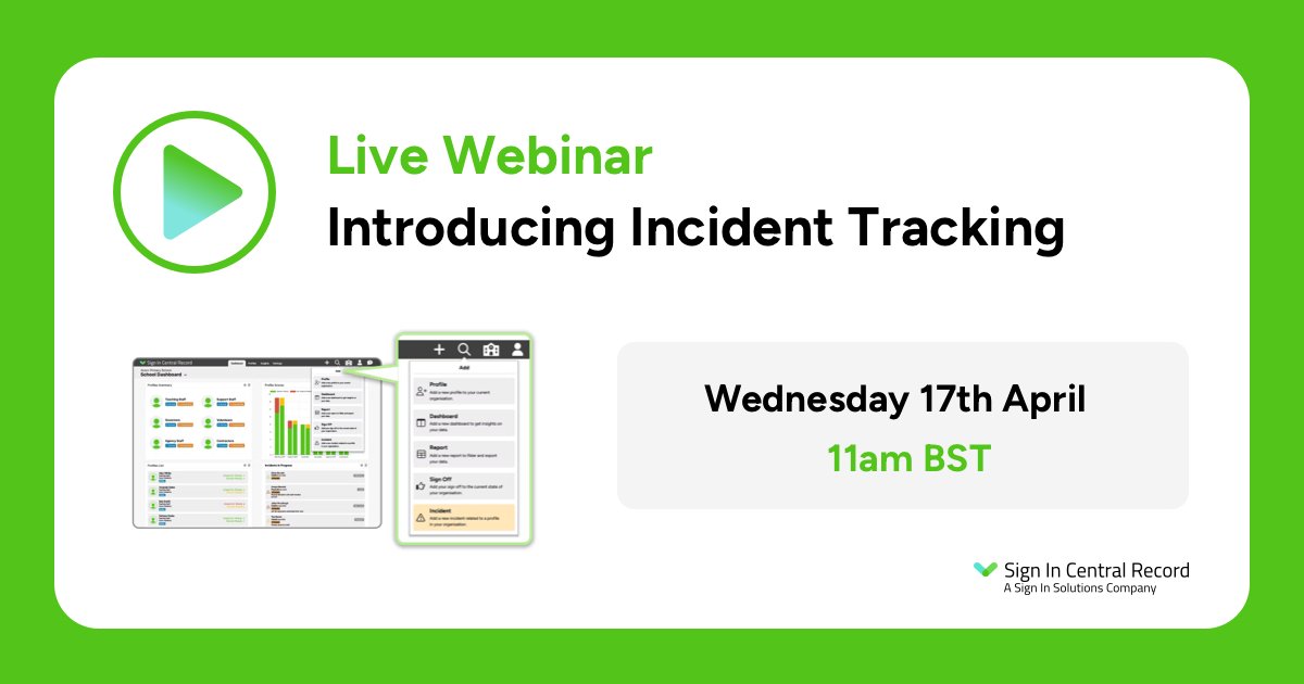 Don't forget to register for our FREE webinar this week introducing our new Incident Tracking feature. 🖥️ 

Can't make the time? Register your details and you'll receive a recording straight to your inbox when the session has finished. 

👉 my.demio.com/ref/8iM5ExnxTc…