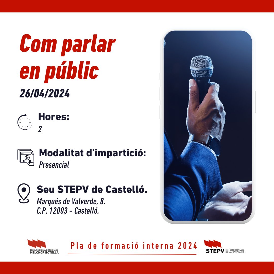 Com parlar en públic (Taller):
En aquest #taller trobaràs les claus per a #parlar en públic amb confiança i efectivitat. Desenvolupa i millora les teues habilitats d'oratòria! Inscripció: forms.gle/sprK6dqdp2ndLX…
ESFMB: L'ESCOLA QUE ENS UNEIX! <a href="/IntersindicalV/">Intersindical_Valen</a> <a href="/STEPV_Iv/">STEPV-Iv</a>