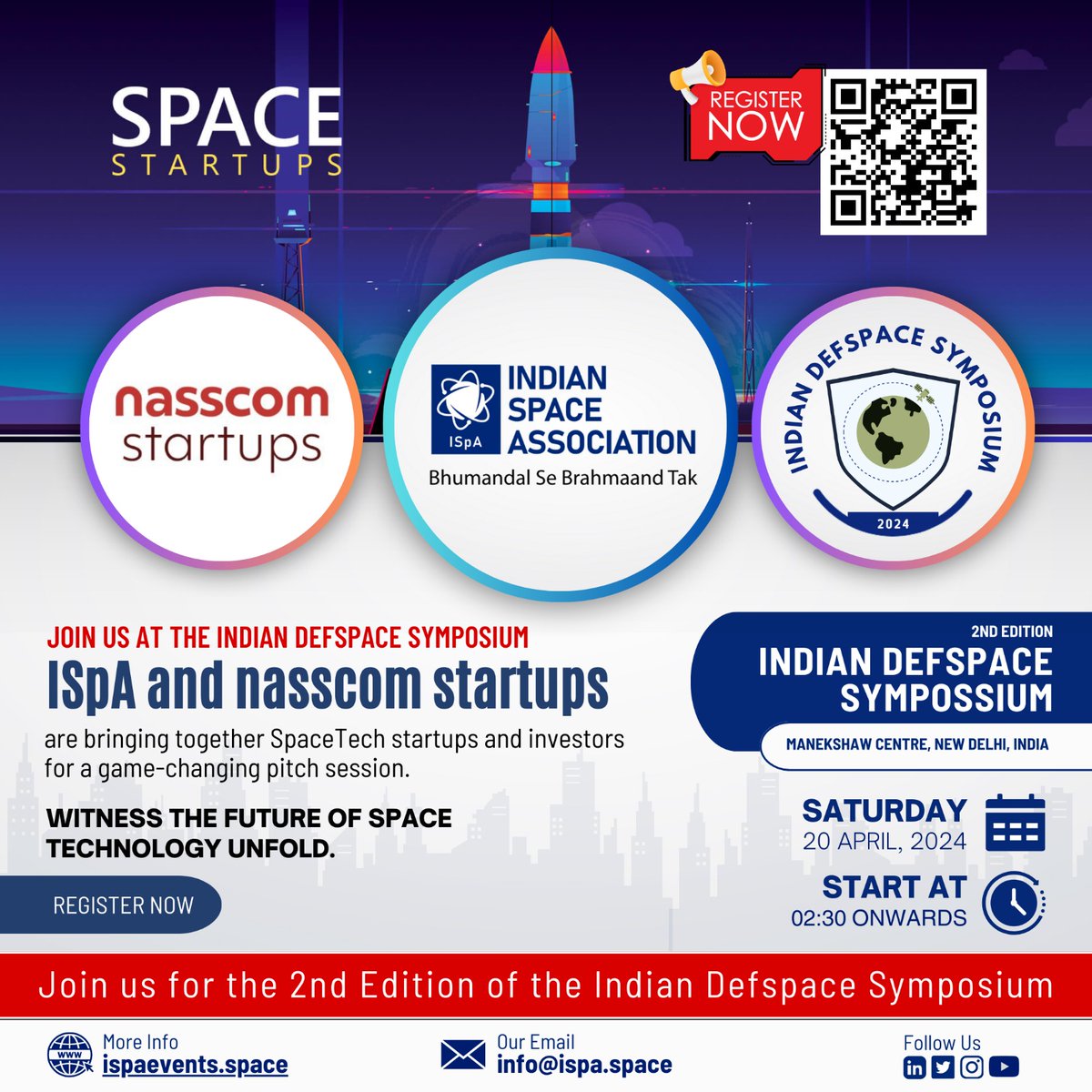 ISpA is glad to inform you that the 2nd Edition of the Indian DefSpace Symposium will take place on 18-20 April 2024 at Manekshaw Centre, New Delhi, India. Registrations now and get a chance of funding for your startups, scan QR or visit lnkd.in/gwZB3iAA for registration.