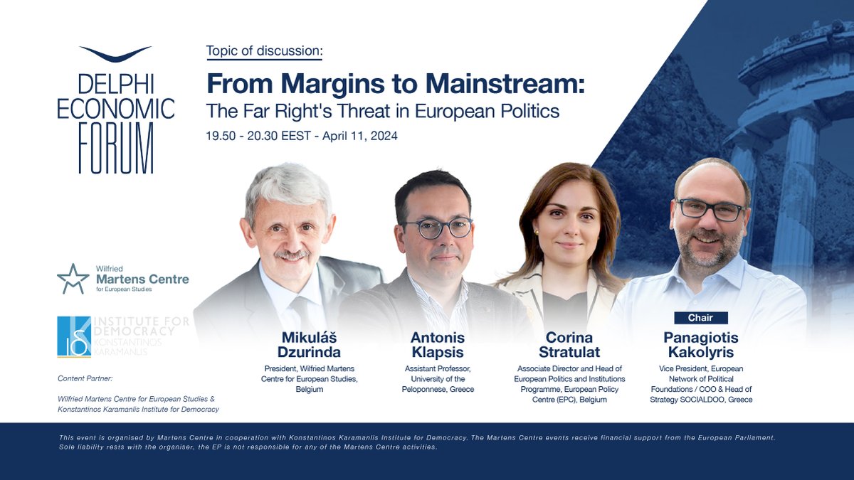 🚨 Join us as we dive deep into the challenges posed by the far-right & the EU’s path forward at the Delphi Economic Forum on 11th April. 👥Don't miss this discussion with our President @MDzurinda, @AntonisKlap, @StratulatCorina & @pkakolyr. #FocusFuture #ThinkingTogether