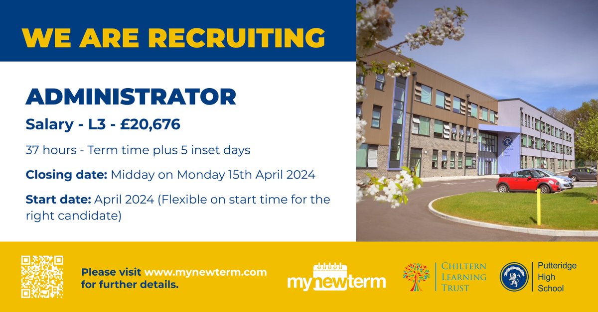 CLOSING SOON! Come and join our brilliant team as an Administrator. Apply now via MyNewTerm. Closing date is midday on Monday 15th April. mynewterm.com/school/Putteri…