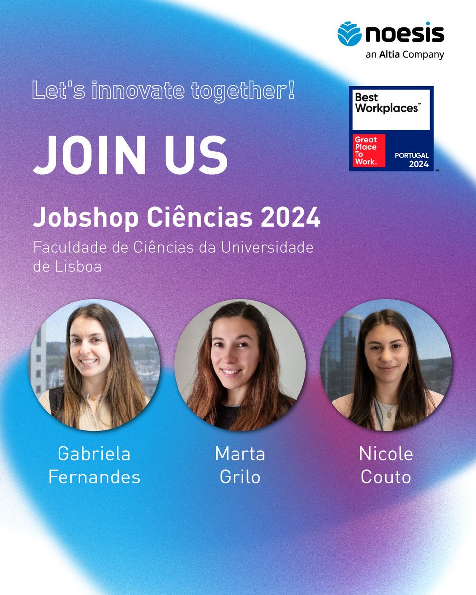 Are you going to be at Jobshop Ciências 2024?
Come and join #teamnoesis!

Explore our opportunities and get to know our team with Nicole Couto, Marta Grilo, and Gabriela Silva from Recruitment & Talent Selection.

Let's Innovate Together! 🚀

#jobfair #career #joinus #recruitment