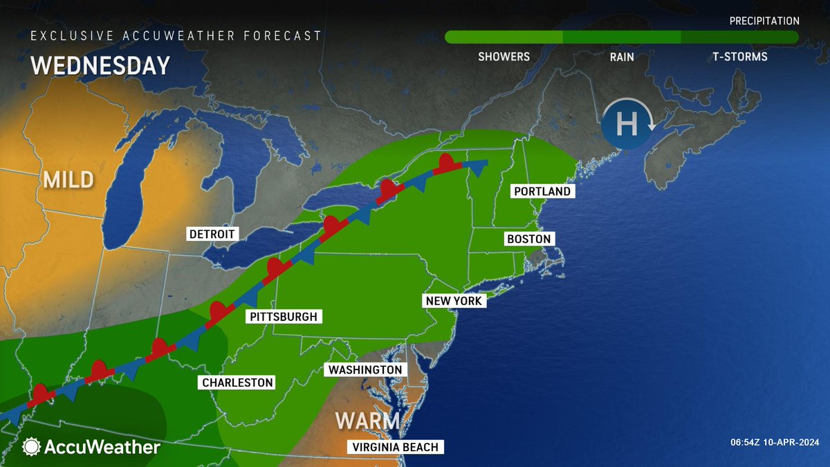 WEATHER @accuweather Wednesday • Today-Cloudy and mild. A couple of showers. High 64. • Tonight-Overcast and mild. Rain and late night drizzle. Low 53. • Thursday-Periods of rain. Windy. High 70.