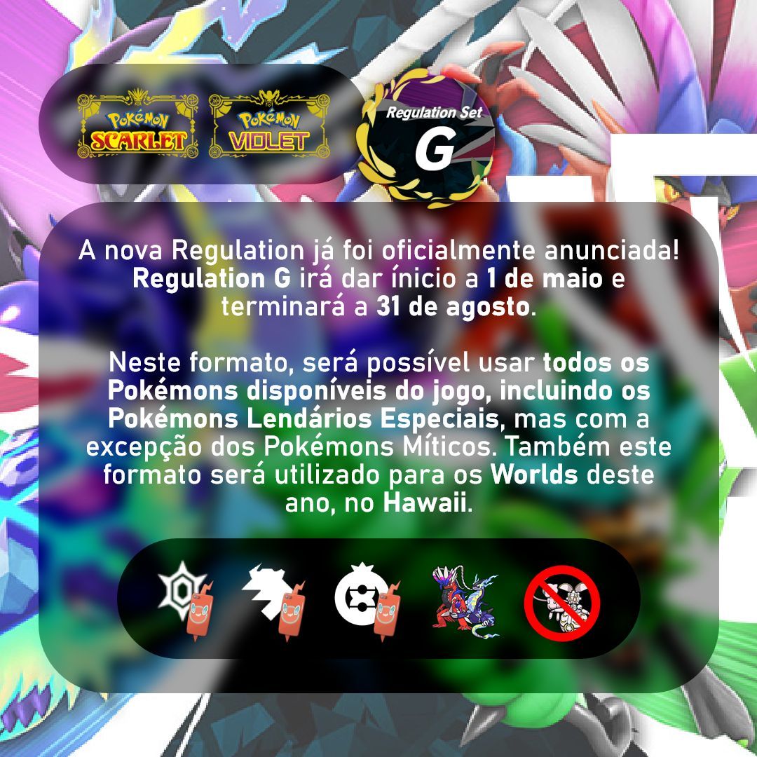 Regulation G será o formato que irá introduzir um Pokémon Lendário restrito nas batalhas! Os internacionais da América do Norte e o Mundial no Hawaii irão ter como regra esta Regulation! 🐉