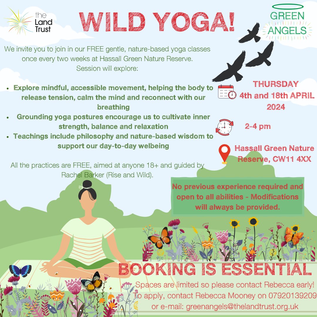 Do you love yoga? Why not try Wild Yoga with Rachel Barker from Rise and Wild🌿 Green Angels The Land Trust are hosting Wild Yoga at Hassall Green Nature Reserve on Thursday 18th April from 2-4pm To book your space please contact: greenangels@thelandtrust.org.uk