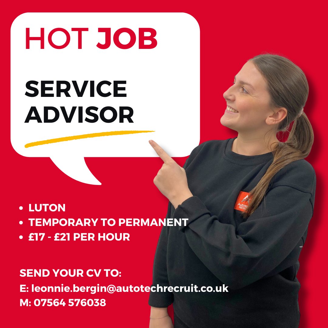 📣 Today's hot job! 🚗⁠ ⁠ Position: #ServiceAdvisor⁠ Location: #Luton ⁠ For more information or to apply, feel free to contact Leonnie! 📮⁠ ⁠ ✉️ E: leonnie.bergin@autotechrecruit.co.uk⁠ 📞 M: 07564 576038⁠ ⁠ #JobOpportunity #AutomotiveIndustry #Hiring