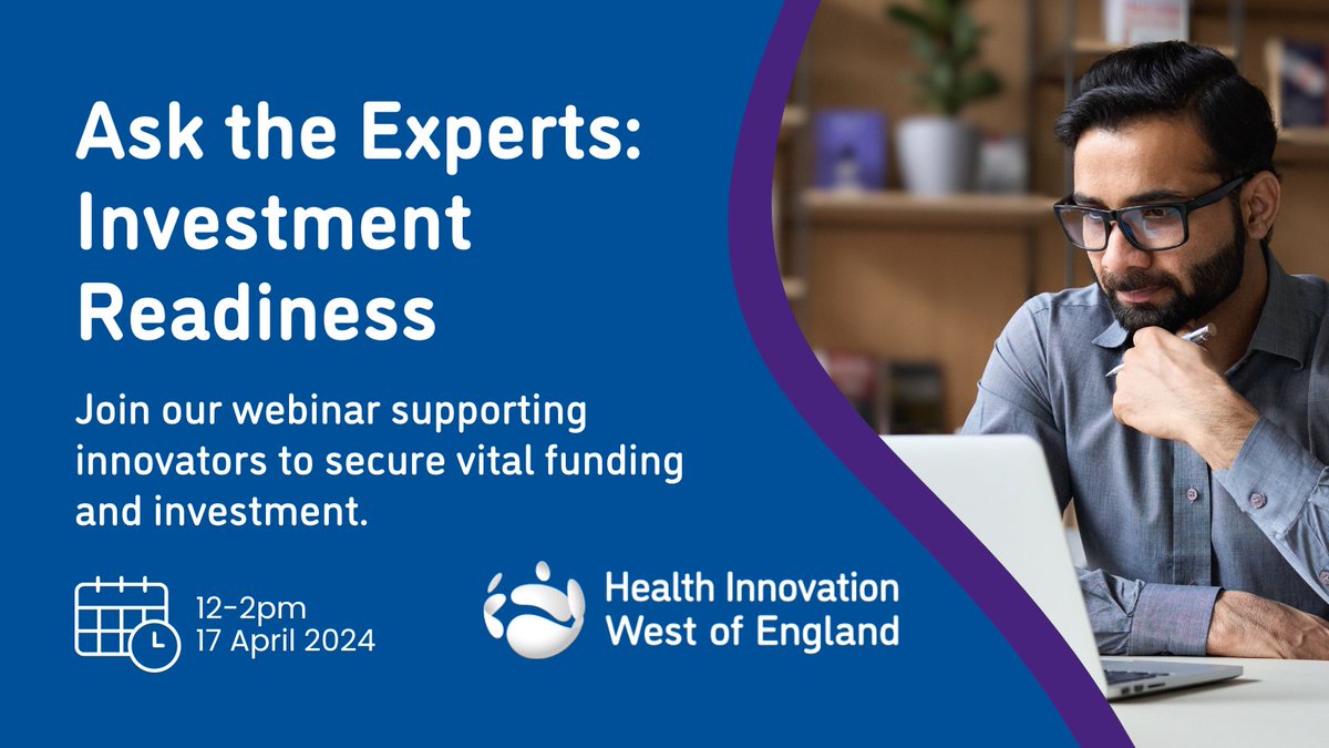 Join our Ask the Experts: Investment Readiness webinar - supporting #innovators to secure vital funding & investment. We'll be joined by Dr Ben Masheder from @innovateuk, Dr Harry Alexander from #QantX & Dr Nick Gompertz from @earswitch. 17 Apr, 12-2pm: healthinnowest.net/event/ask-the-…