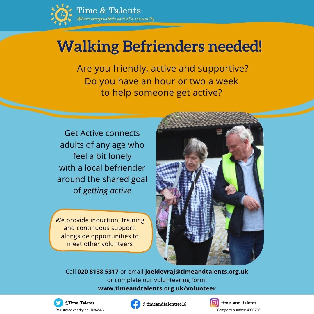 Get active with T&T! Seeking friendly, active volunteers to join the Walking Befrienders team. If you have an hour or two a week to spare, you can make a real difference by helping someone get active and beat loneliness. #GetActive #Volunteer #SE16 #Community