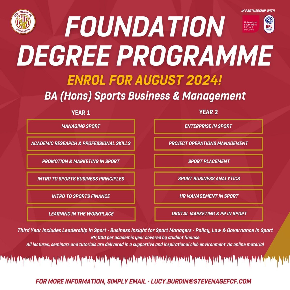 Fancy kickstarting your career in the football industry with a League One club? 📈 Contact Lucy to enquire!👇 📧Lucy.Burdin@Stevenagefcf.com ☎️07510380635 #foundation #foundationdegree #university #stevenagefc #stevenagefcf