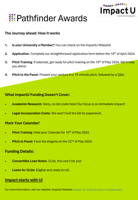 Calling all social entrepreneurs:

Introducing ImpactU! On a mission to provide training + funding to pre-seed social ventures, create positive change in our communities

Make a difference? Apply now
forms.office.com/e/ZNvfh17e6P

#ImpactU #SocialVentures #PathfinderAward #CreateChange