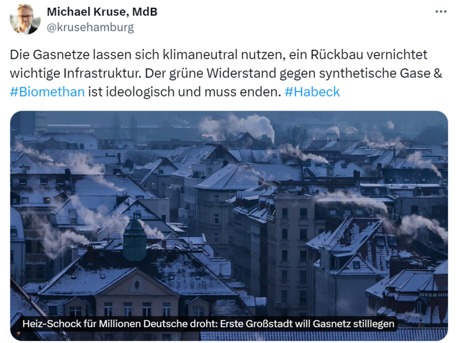 Inzwischen ja garantiert, dass sich diese Partei an der dümmsten Seite jedes Argumentes wiederfindet. Wer Klimaschutz ernst nimmt, klammert sich nicht mit Märchengeschichten von grünen Gasen (oder E-Fuels oder Kernfusion) an fossiler Infrastruktur fest.