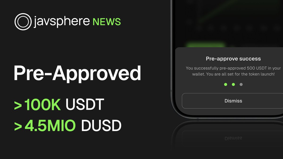 $JAV Pre Approval Status Update The numbers are just crazy! Around 400 addresses have already pre-approved: 💎 +100k in USDT 💎 +4,5 Mio in DUSD We are launching in around 1 hour. Good luck to all 🍀