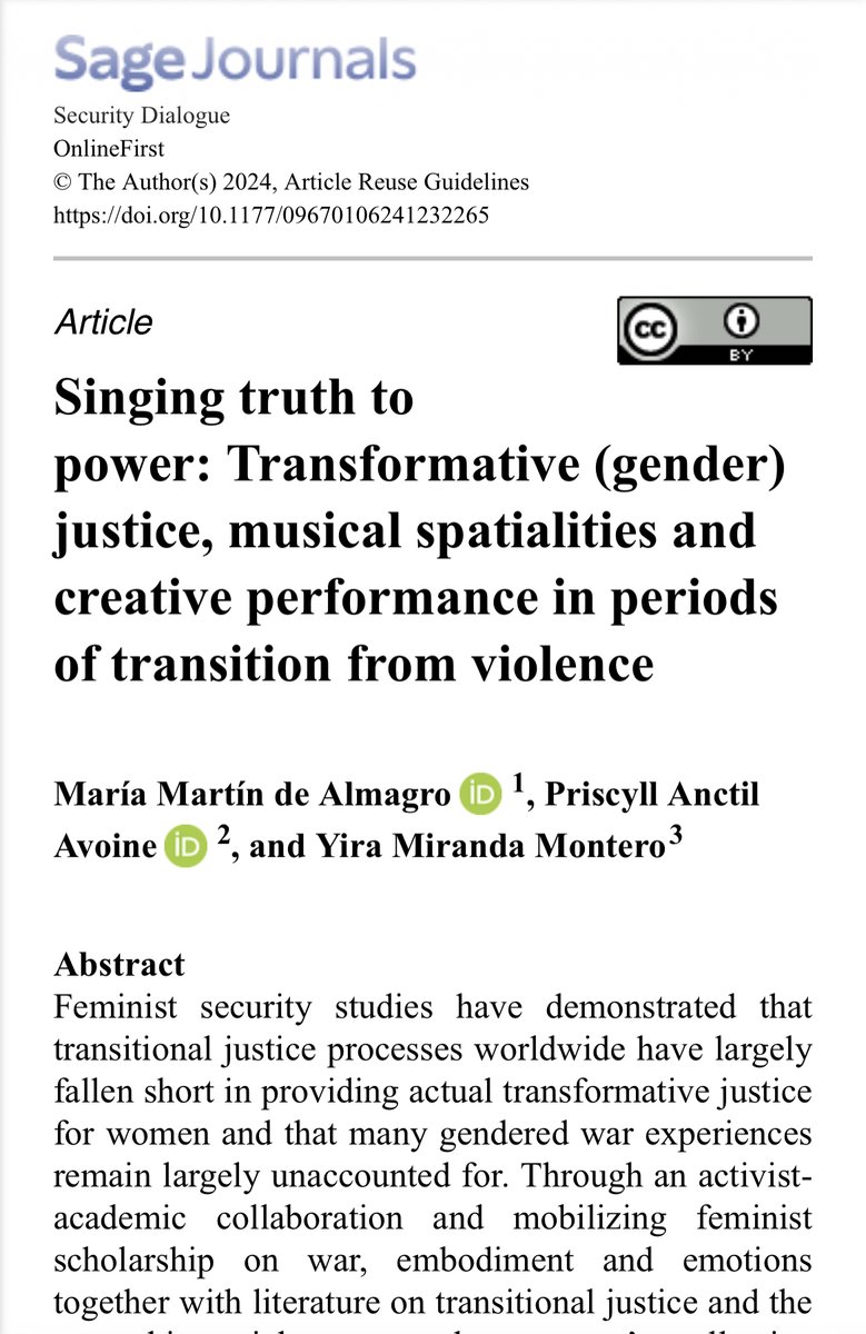 9 of April marks in #Colombia the day of commemoration for the victims of the armed conflict; in a powerful hazard, our research-artistic-activist article on transformative justice & traditional oral music was published w/ @DrMmartind & @YiraMirandaM 🥁 journals.sagepub.com/doi/10.1177/09…