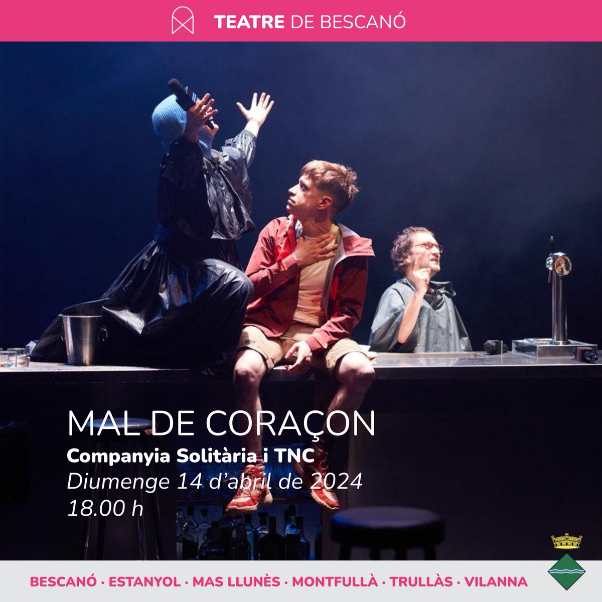 🎭 MAL DE CORAÇON, de la Companyia Solitària i el TNC 📍 @Teatrebescano 🗓️ Diumenge 14 d'abril de 2024 | 18.00 h 〰️ Tres personatges agònics i mig alcoholitzats, que pateixen algun dolor a l'ànima, es troben en un bar. 〰️ Entrades a teatrebescano.cat