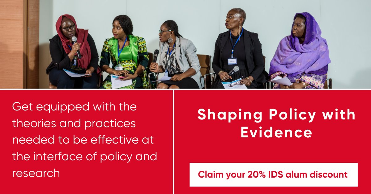 Calling all IDS alums! Claim your 20% discount on our upcoming Shaping Policy with Evidence online specialist short course. 📅 4 June - 16 July 📍Online 👉 Apply today: ids.ac.uk/specialist-sho… #PolicyCourse #InternationalDevelopment #SocialChange #Policy