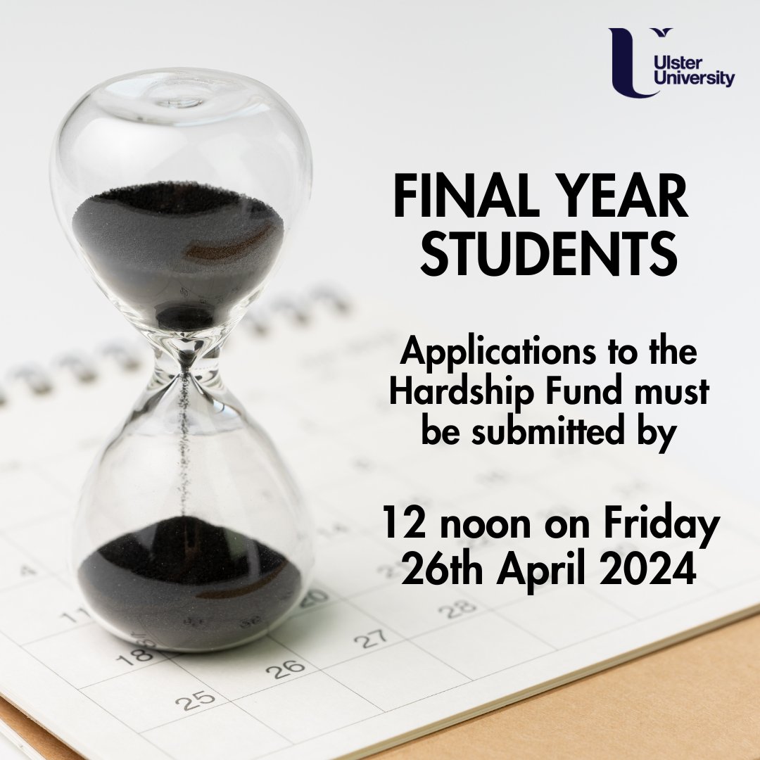 ⏰ Don't miss the deadline!

If you are a final year student in need of financial support - submit an application to the hardship fund and include all required evidence by noon on Friday 29th April at tinyurl.com/hardship-fund