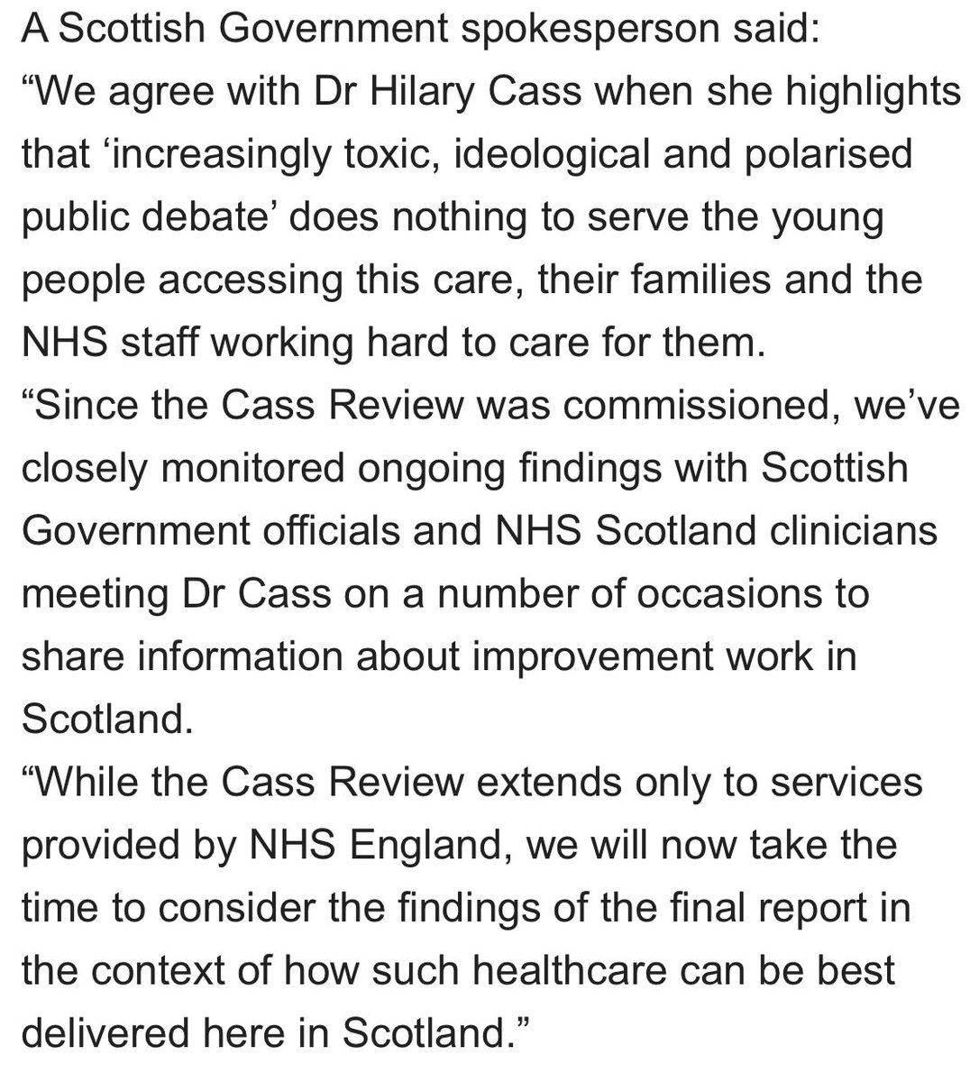 Scottish Government to “take time to consider” a major review suggesting 'remarkably weak evidence' to support gender treatments for children. Cass report says there’s a 'lack of high-quality research' into puberty blockers in young people. @SkyNews