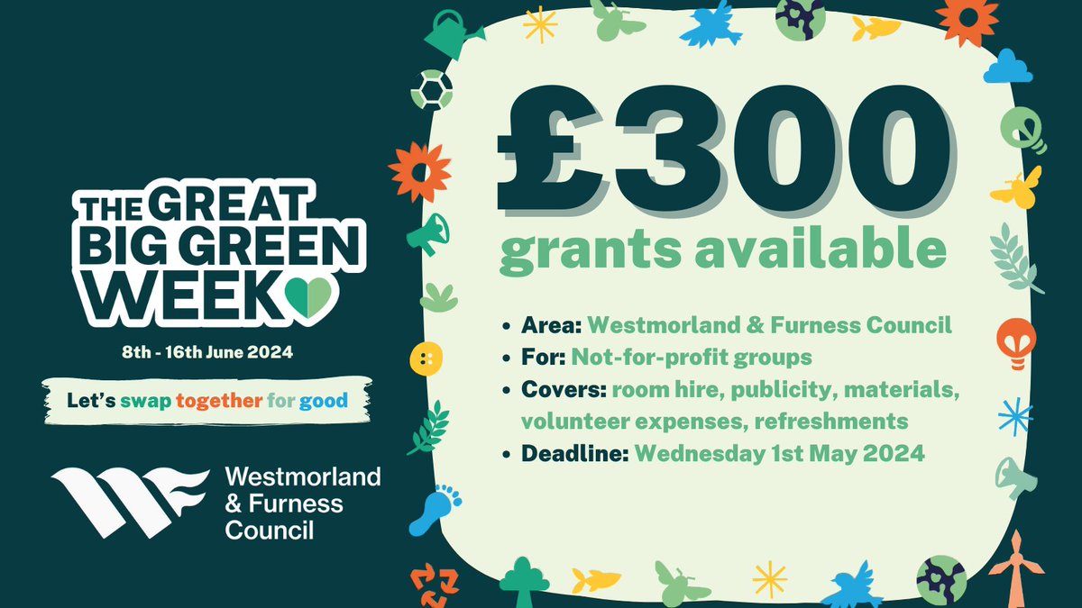 #GreatBigGreenWeek is back in June! 💚

Grants up to £300 are available to not-for-profits to help you put on an event in your local area within Westmorland and Furness.

Deadline for applications is Weds 1 May 2024.

Find out more and how to apply at: zerocarboncumbria.co.uk/action/gbgw.